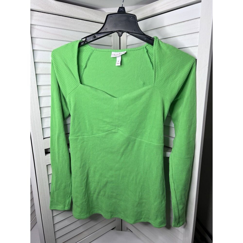 NWT Isabel Maternity Womens Medium Green Corsetry Rib Top Long Sleeve SOFT!